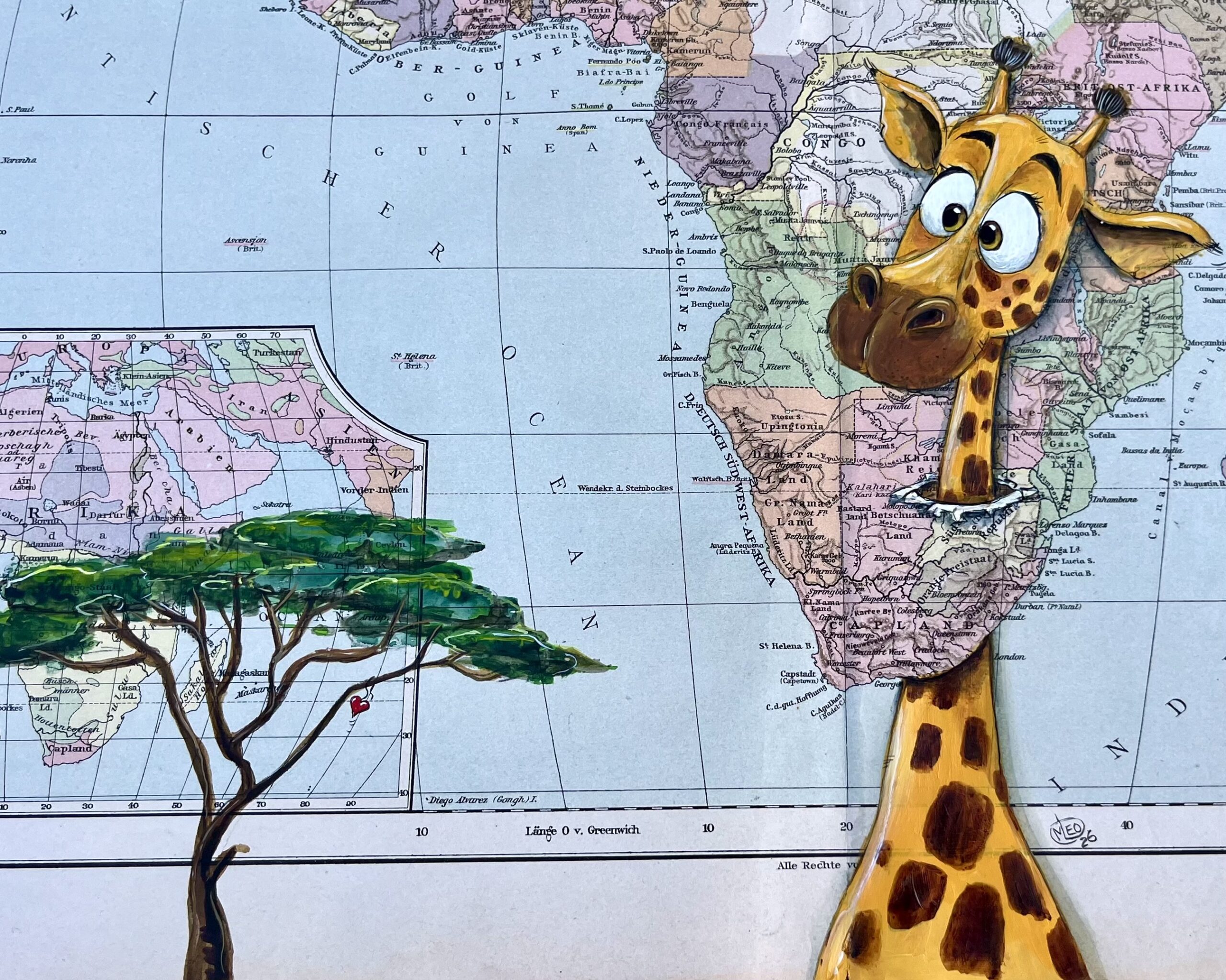 Den Überblick behalten – Giraffe auf alter Afrika-Landkarte – Bild 3