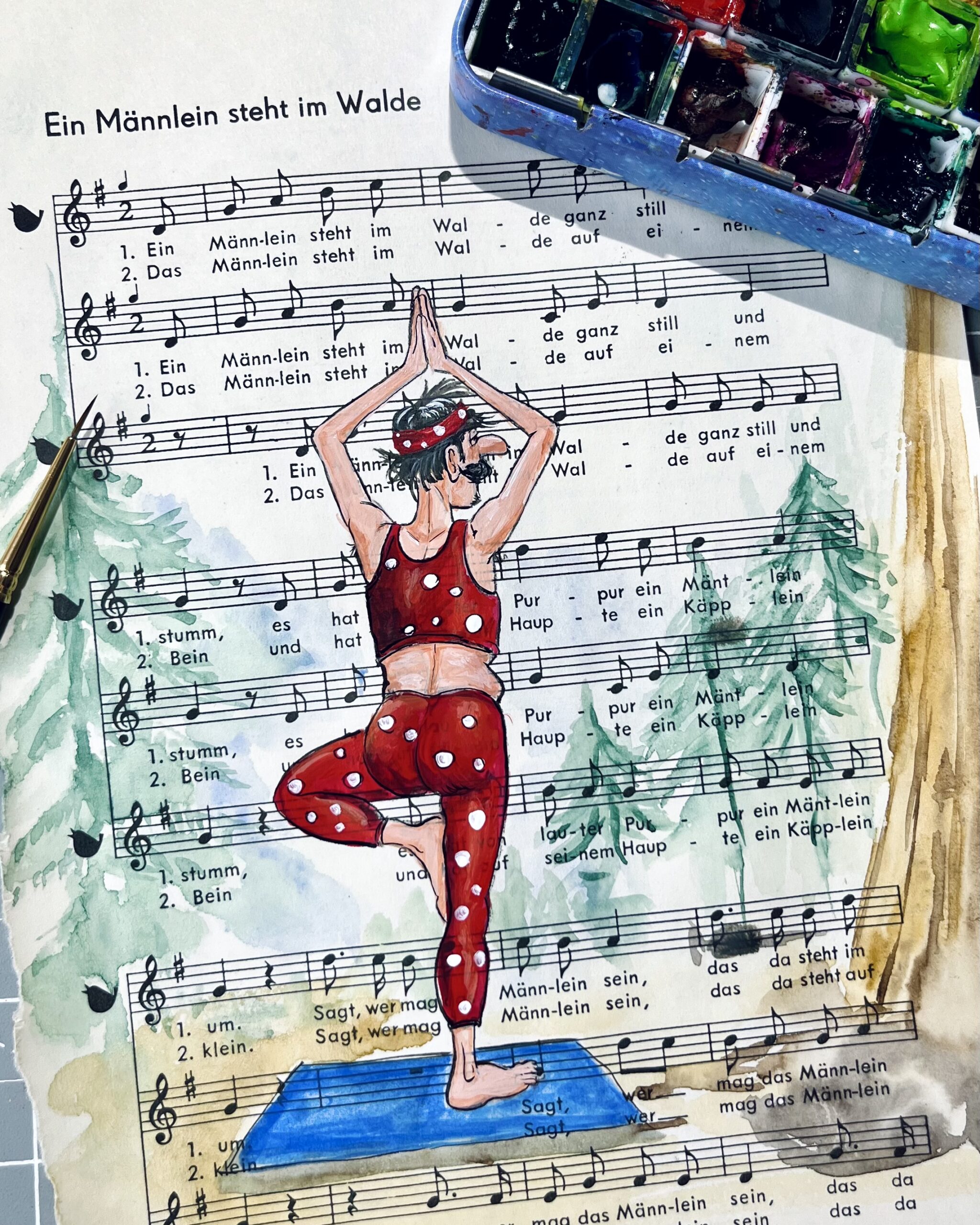 Ein Männlein steht im Walde – Yoga auf altem Notenblatt – Bild 2