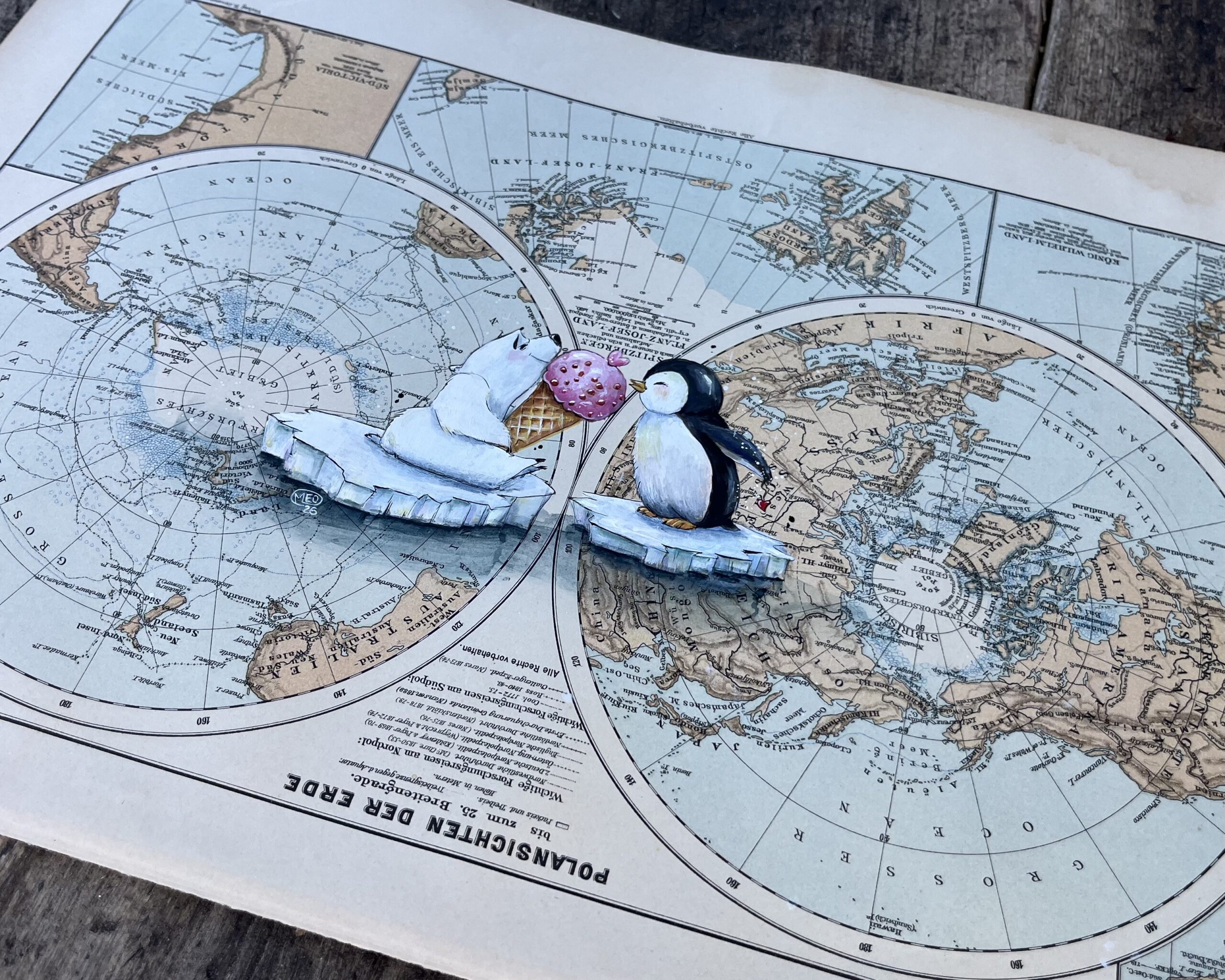 Falsch gepolt – Eisbär & Pinguin auf alter Weltkarte